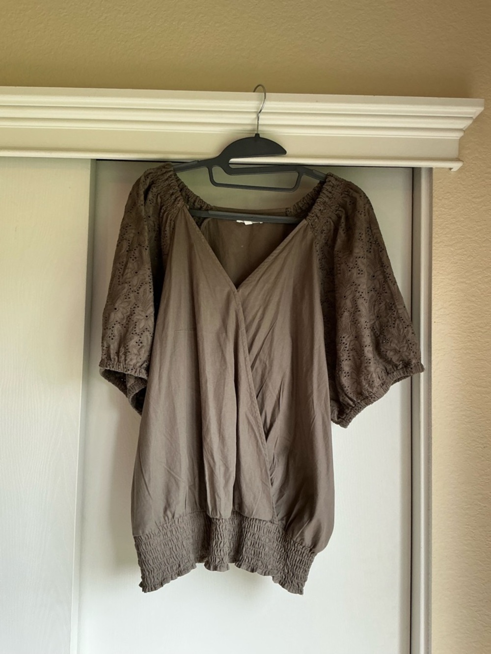 Maurices Taupe Brown Puff-Sleeve V-Neck Blouse